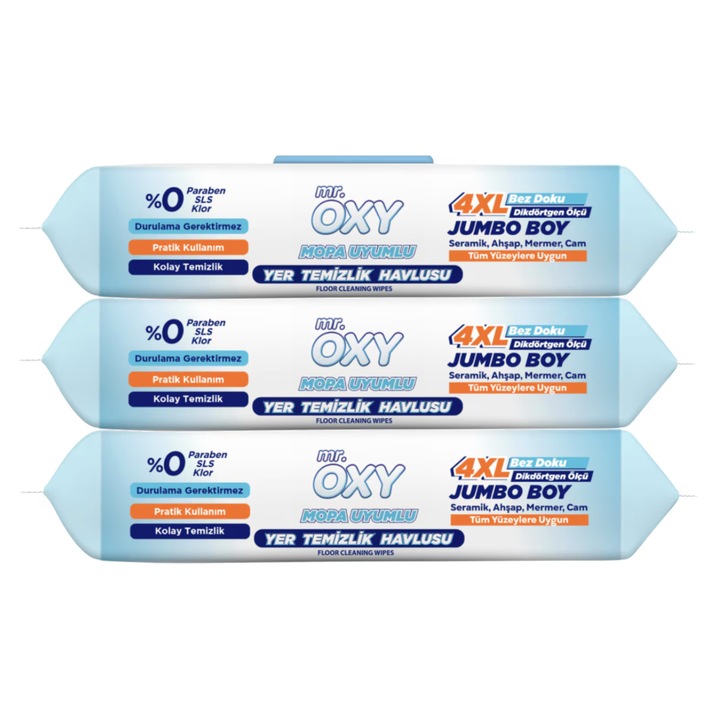 Pachet Economic: Set 3 x Rezerve Lavete Umede Mop Mr. Oxy 4XL Jumbo, Bicarbonat, 150 bucati (3 x 50 buc)