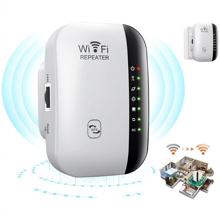 Vezeték nélküli jelerősítő, WiFi hatótávolság növelő, 2.4Ghz, 300 Mbps, 10M lefedettség, LAN csatlakozó, fehér