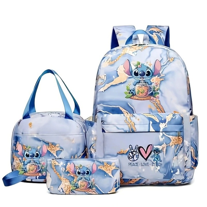 Ghiozdan pentru scoala, set de 3 piese, capacitate mare, respirabil, albastru inchis, 43x31x15cm