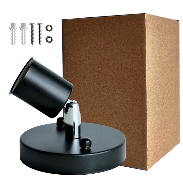 Suport lampa metalic retro E27, rotire 180°, baza ceramica, 10x10cm, putere maxima 100W, negru