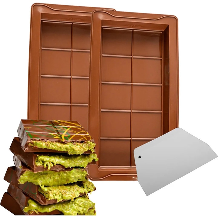 Set 2 forme din silicon pentru batoane de ciocolata, Matrite pentru ciocolata din Dubai, Aiorber, 25 cm grosime sporita, Forma mare pentru bomboane, Silicon, antiaderent, Maro