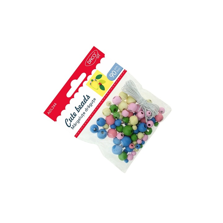 Set Margele din Lemn DACO, Multicolor, 90 piese, 1m elastic