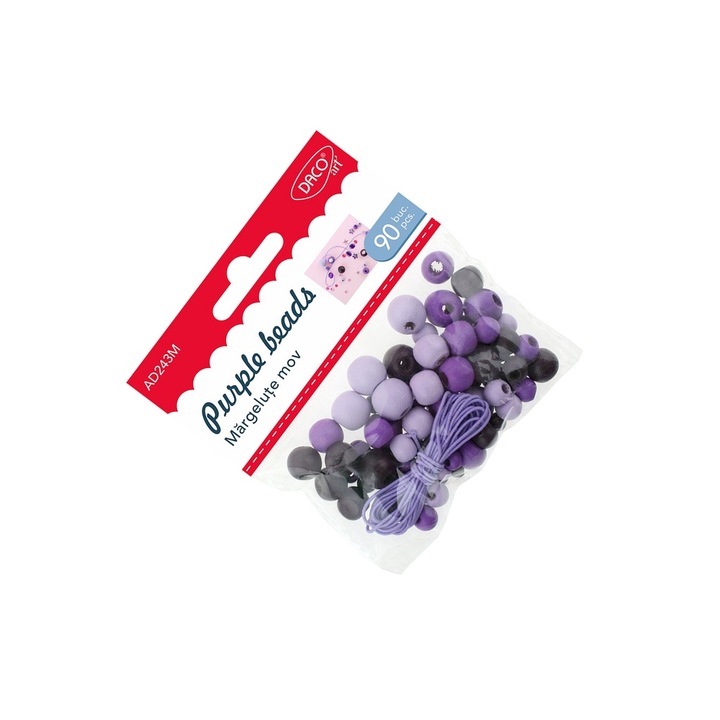 Set Margele din Lemn Mov Daco, 90 buc, 7+ ani, inclus elastic 1m
