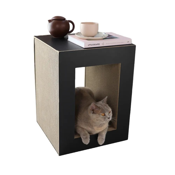 Casuta pentru pisici 2in1 Hoopo, design 2in1 - zona de zgariere si relaxare pentru felina/masuta decorativa, interior detasabil, utilizare flexibila, suprafata pentru gheare sanatoase, nu necesita montaj, design minimalist, material sustenabil, negru