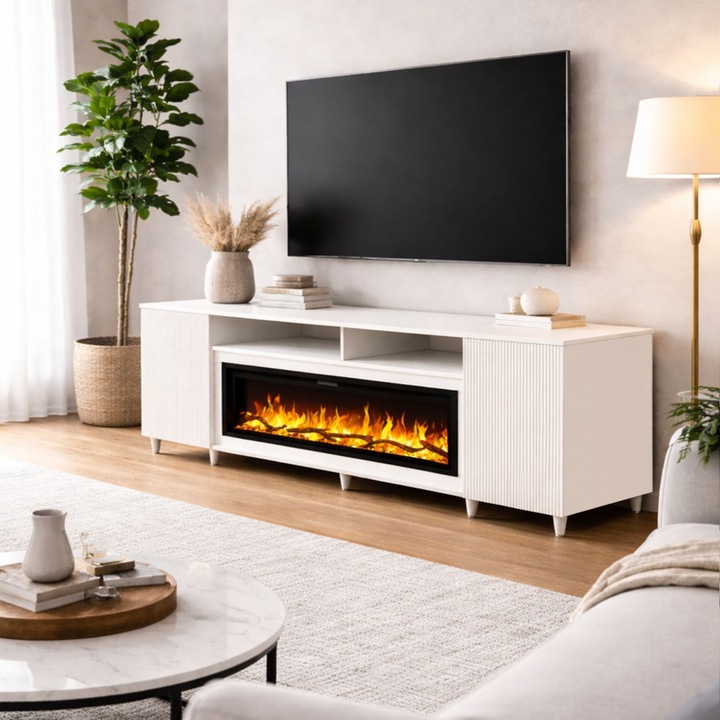 Comoda Altea vanilie 190x75X30, cu semineu electric Aflamo Regal 106, sunet incorporat si aplicatie mobila, flacara 3D si teme de culoare