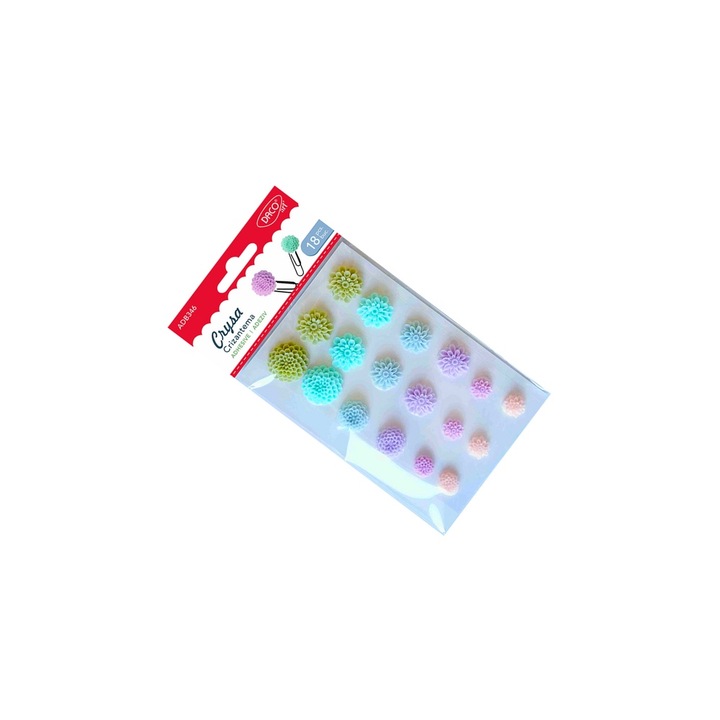 Set accesorii craft, DACOart, crizanteme decorative autoadezive, 18 bucăți, dimensiuni diverse, culori pastelate