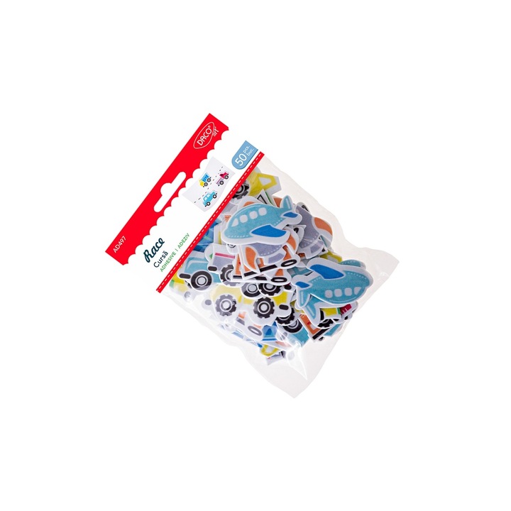 Set Accesorii Craft Daco Cursa cu Vehicule, 50 elemente autocolante, spuma autoadeziva, multicolor