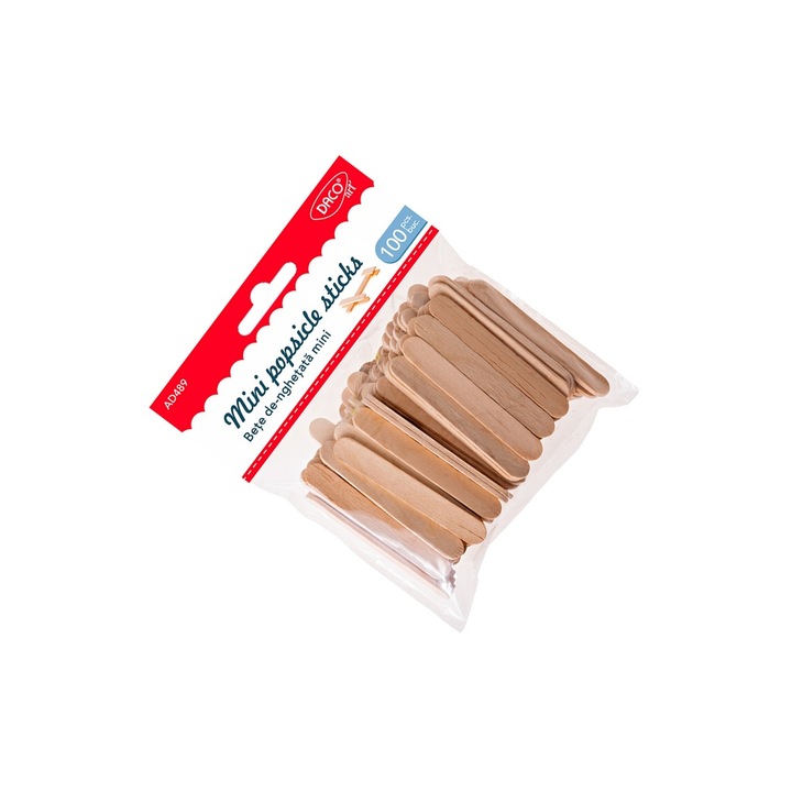 Set creativ Daco, 100 betele de înghețată mini din lemn, 1x6, 5cm, pentru DIY, 5+ ani