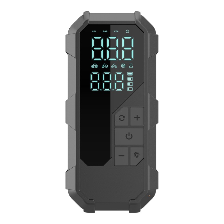Hordozható Autó Indító 2 az 1-ben Autó Kompresszorral, DOREXA, 16000mAh, 150PSI, Powerbank, USB Töltés, Digitális Kijelző, Manométer, LED, Légpumpa, Automatikus Leállítás, Max 2000A Benzin 7L és Dízel 3L Járművekhez