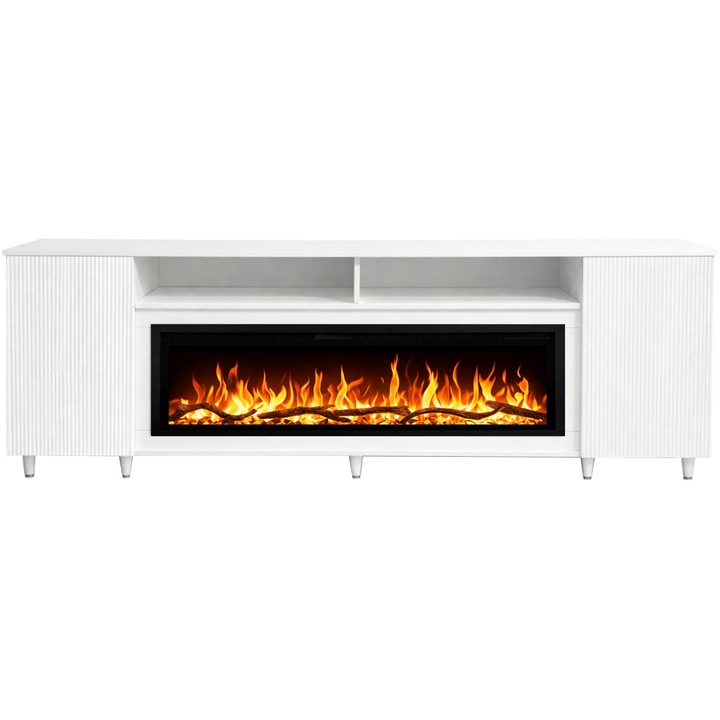 Comoda Altea alb 190x75X30, cu semineu electric Aflamo Regal 106, sunet incorporat si aplicatie mobila, flacara 3D si teme de culoare