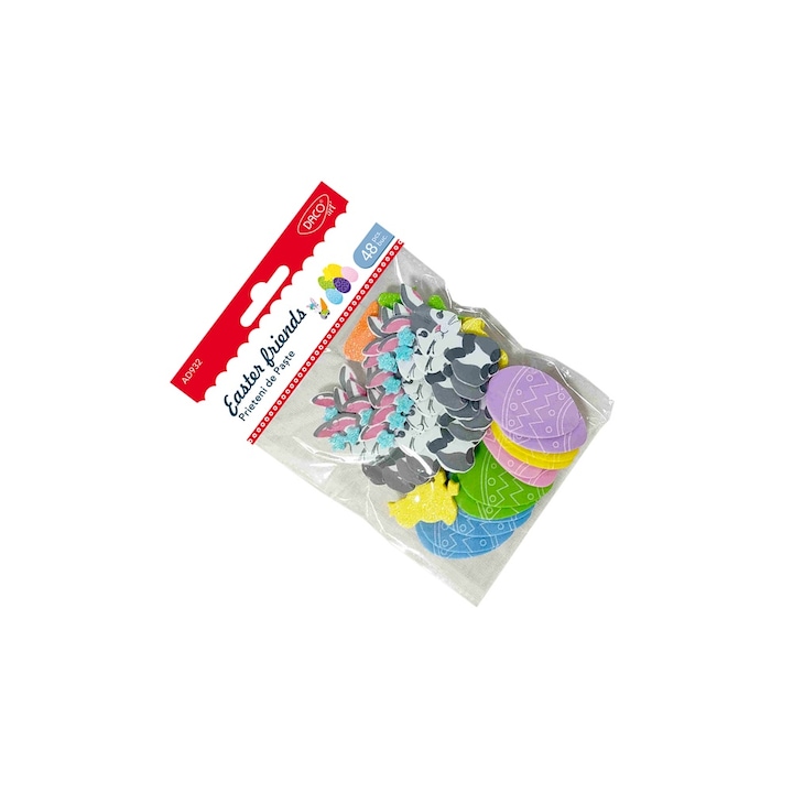 Set Accesorii Craft Daco Prieteni de Paste, 48 piese spuma glitter autoadeziva, multicolor, pentru copii 4+ ani