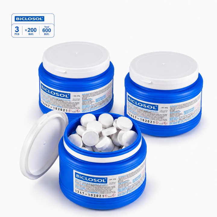 Set 3 x Tablete de cloramina BICLOSOL 200 pastile cu efect dezinfectant si cu aviz biocid de la Ministerul Sanatatii CL200B