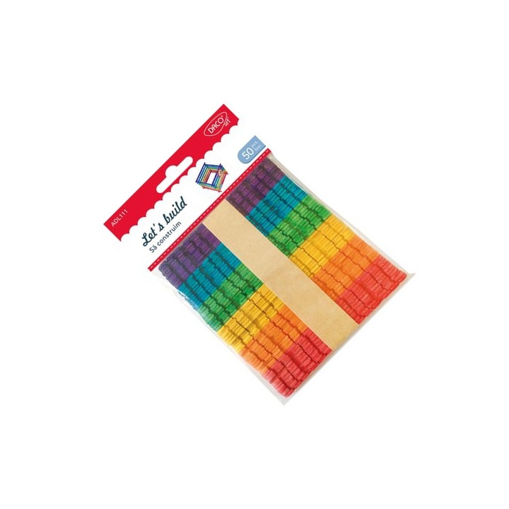 Set 50 Betisoare Colorate din Lemn Daco pentru Constructii Creative, 11, 4x1x0, 2cm