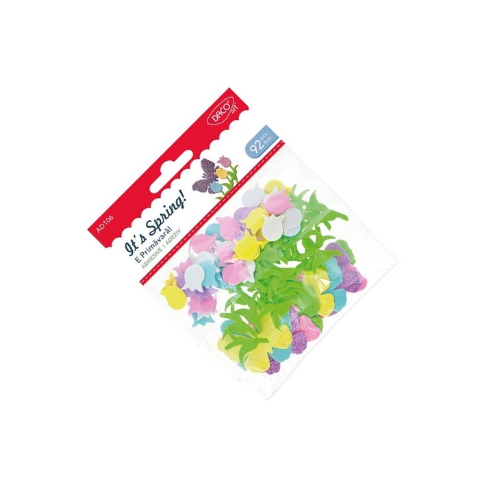 Set creativ accesorii autoadezive Daco "E primavara!", 92 piese, culori pastelate, pentru varsta 3+ ani
