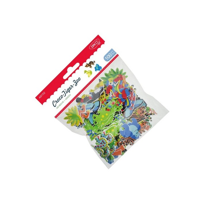 Set creativ Daco Croco-Tiger-Zoo, 100 autocolante din spuma autoadeziva, multicolor, pentru copii 3 ani