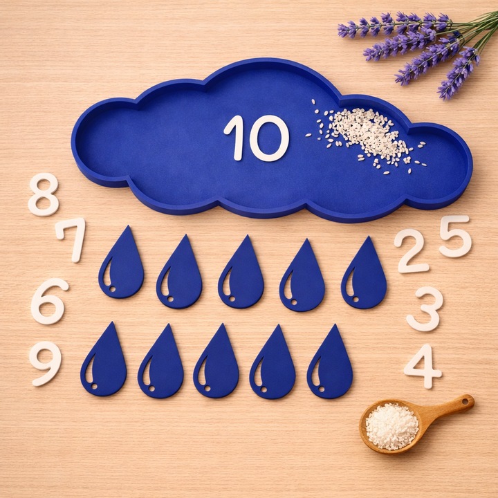 Set joaca senzoriala si numarat, tematica "Vremea", norisor albastru stropi ploaie, cifre, activitati joaca Montessori open ended acasa sau la gradinita, jucarii copii, jocuri educative copii, alb, materiale educatoare, imprimat 3D PLA (bioplastic)