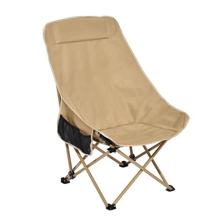 Scaun pliant, portabil, cu spatar inalt, potrivit pentru camping in aer liber, ORBER, din panza Oxford si otel carbon, 58 × 44 × 92 cm, culoare kaki