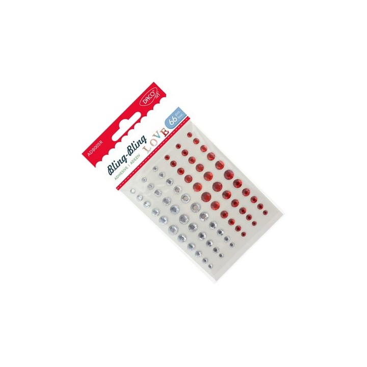 Set Accesorii Craft DACO Art Bling Bling, diamante autoadezive roșii și argintii, 66 buc, pentru copii 6+ ani