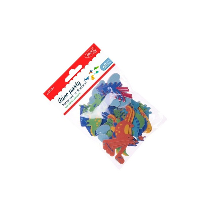 Set Accesorii Craft Petrecere cu Dinozauri, 60 forme din spuma autoadeziva, multicolor, pentru copii 5+ ani