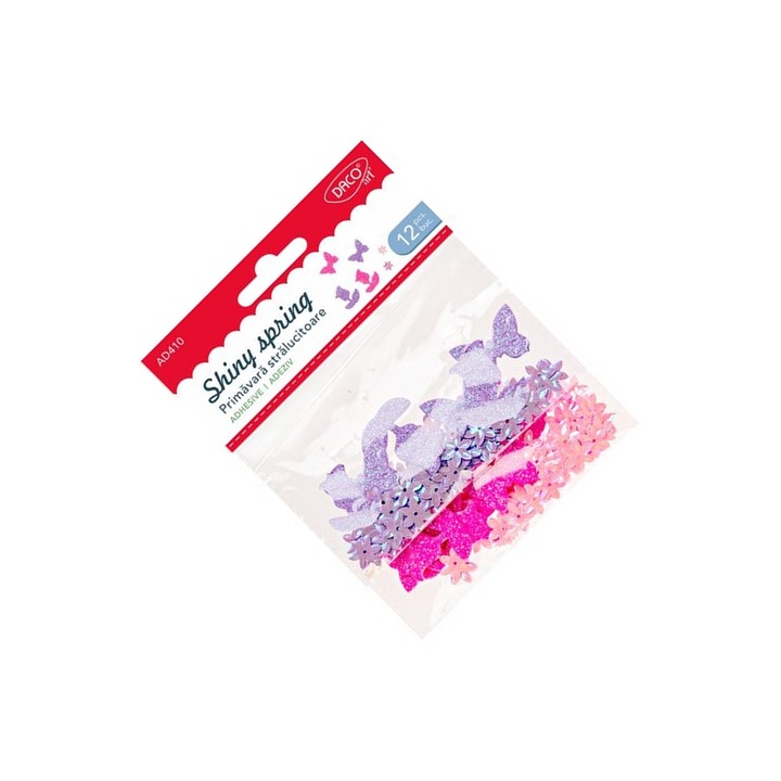 Set Accesorii Craft Primavara Sclipitoare Daco, 12 forme din spuma glitter, confetti, roz/mov, 6+ ani