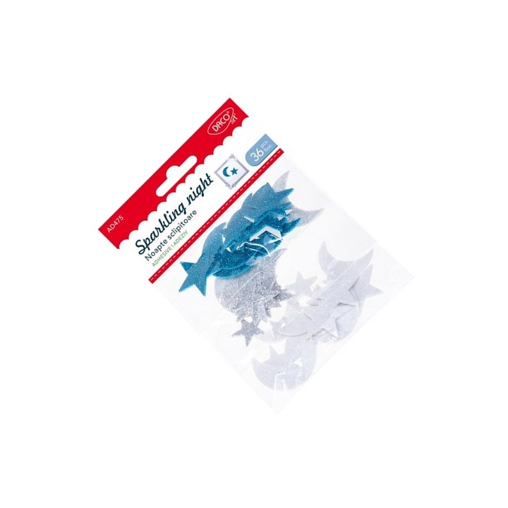 Set Accesorii Craft Daco Noapte Sclipitoare, 36 piese autoadezive spumă, stele si luni, pentru 5 ani+