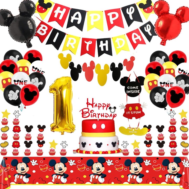 Set petrecere Mickey Mouse [Banner din tesatura + Decor pentru tort + Baloane + Fata de masa + Baloane din folie + Usa + Banner], Accesorii pentru petrecere