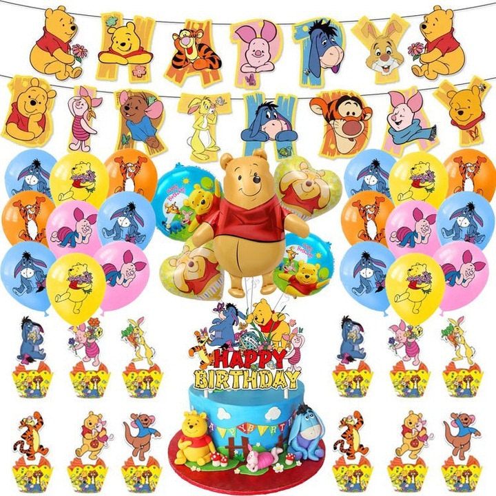 Set petrecere Winnie the Pooh [Steag + Decor pentru tort + Baloane + Baloane din folie], Accesorii pentru petrecere
