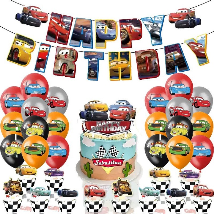Set accesorii petrecere aniversara Racing [Steag + Decor pentru tort + Balonase]