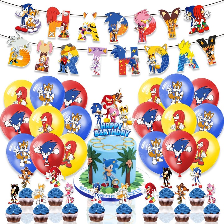 Set accesorii petrecere Sonic the Hedgehog [Steag + Decor pentru tort + Baloane], decoratiuni pentru ziua de nastere