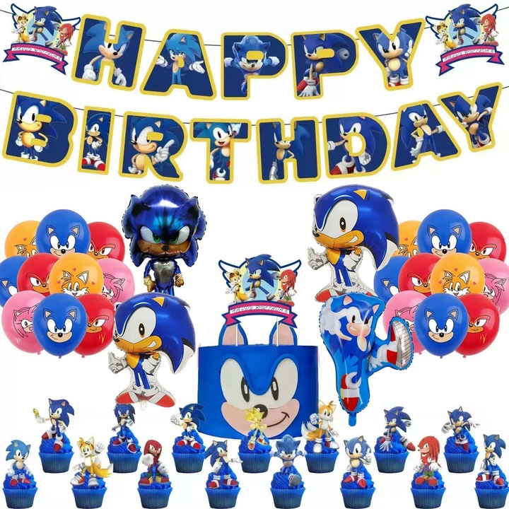 Set petrecere Sonic the Hedgehog [Steag + Decor pentru tort + Baloane + Baloane din folie]