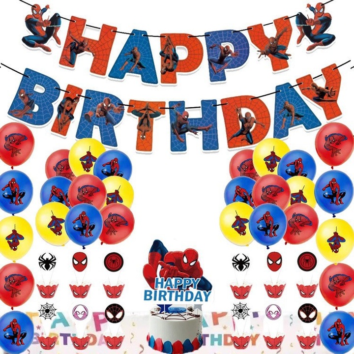 Set de petrecere Spider-Man, accesorii pentru aniversare (steag + topper pentru tort + baloane)