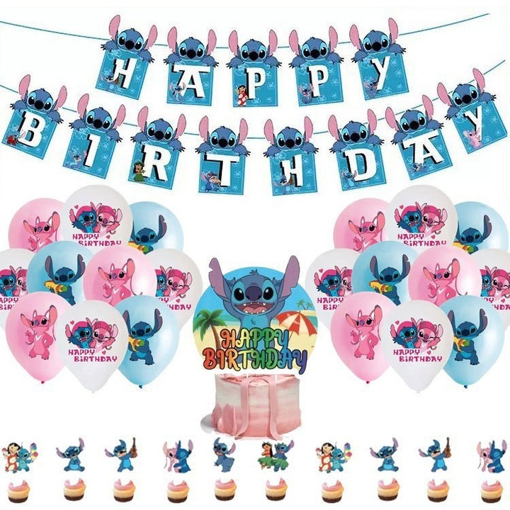 Set petrecere Stitch [Steag + Decor pentru tort + Baloane], Accesorii pentru petrecere