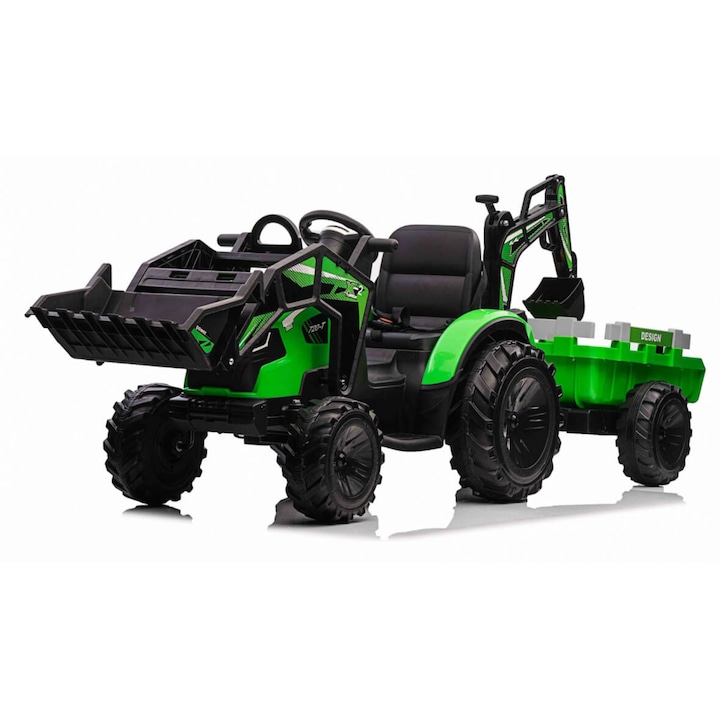 Tractor Autokids excavator electric pentru copii cu remorca XXL Lux 720-T 12V Verde