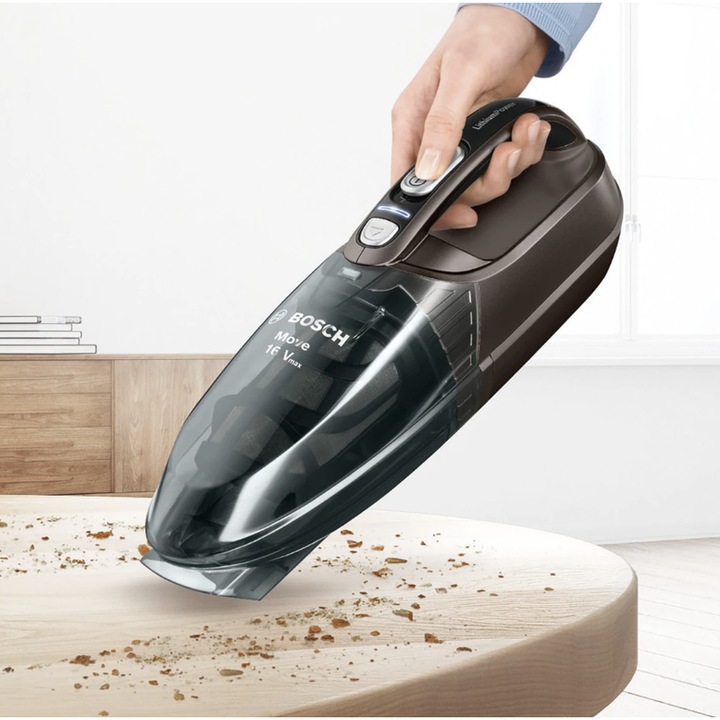 Aspirator fara sac Bosch, ciclonic, aspirare uscata, acumulator 14.4V, pentru uz casnic si auto, 40 min functionare continua, filtru lavabil, 0.4 litri, pentru colturi, 5 ore incarcare, 1.2 kg