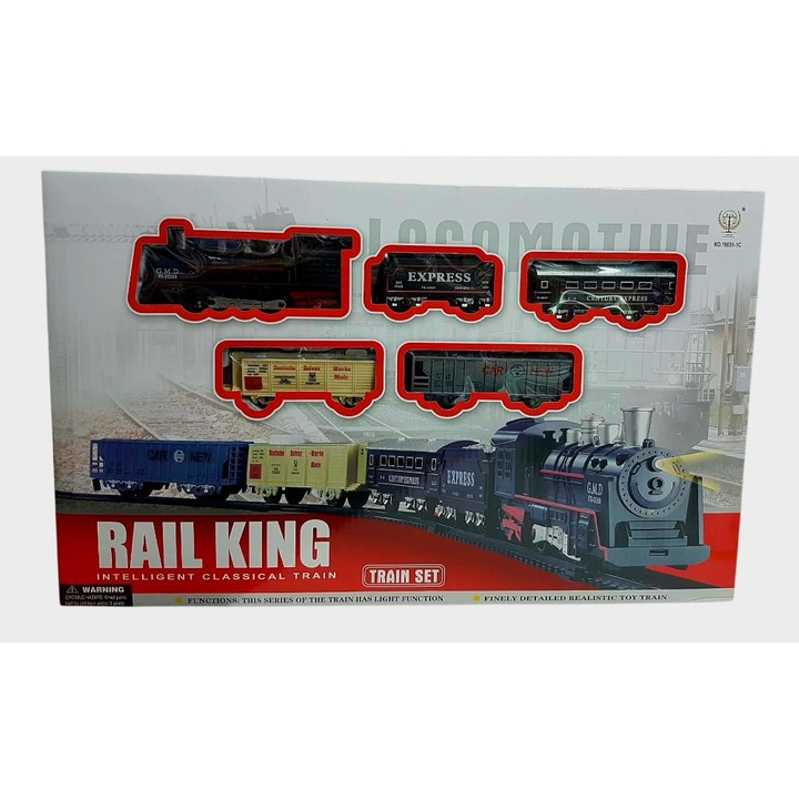 Tren de jucarie cu linii, functioneaza cu baterii, reda sunete realiste si are lumini atractive – perfect pentru distractie si imaginatie