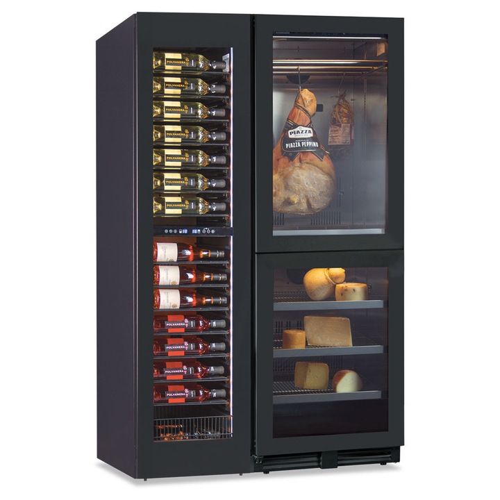 Racitor profesional de vin si frigider de carne/branzeturi KlimaItalia, 105 sticle, H180 cm, 4 zone de racire, pastreaza vinul/alimentele la temperatura ideala, 15 rafturi pentru vin, bare metalice pentru suspendarea carnii, compresor, lumina LED, negru