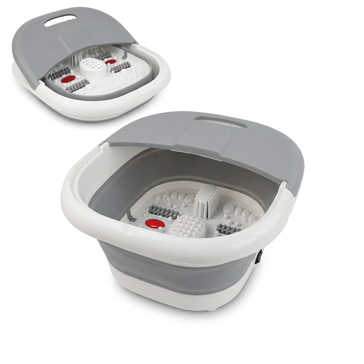 Aparat hidromasaj pentru picioare NEXTLY, cada cu role de masaj si infrarosu, functie cu bule/valuri, incalzire automata, pliabil, conectare la priza, capacitate 8l, 41x37x25cm, gri-alb