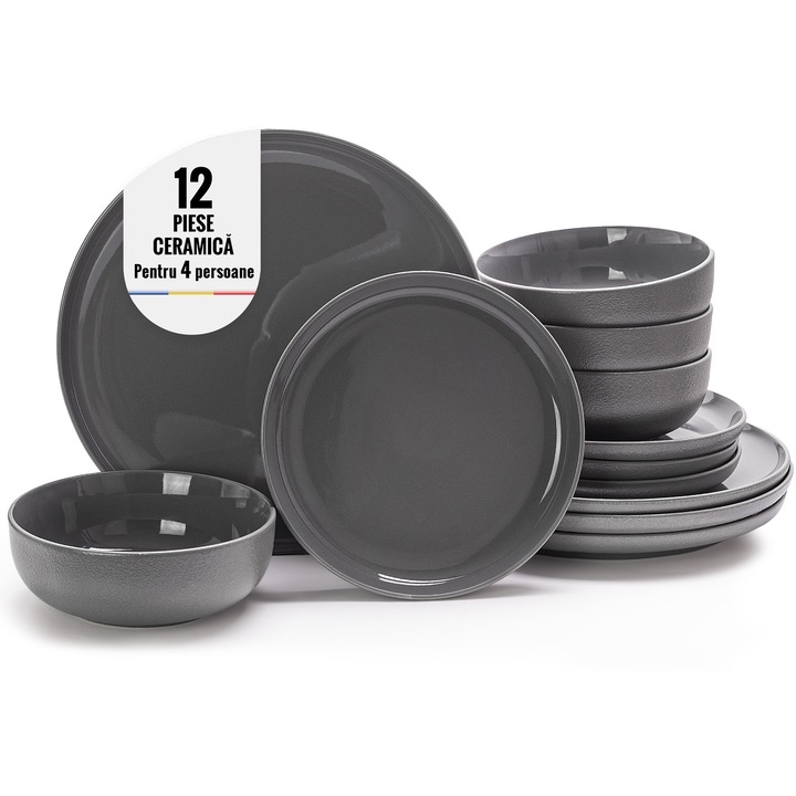 Set Vesela Ceramica, Graphite by Doctor Home, 12 Piese - Gri