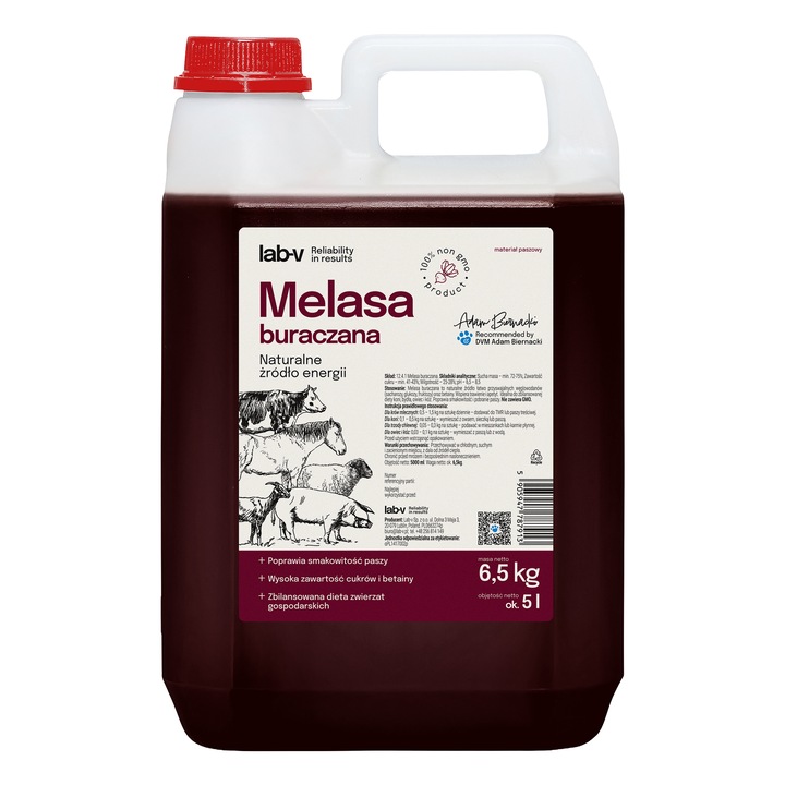 Melasa de sfecla de zahar Lab-V 5000 ml, 6.5 kg, pentru cai, vaci, oi, capre si porci