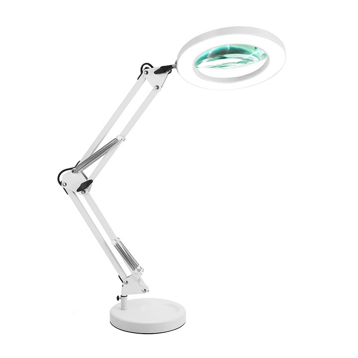 Lampa de birou cu lupa si suport, 15W, alb, ajustabil 360°