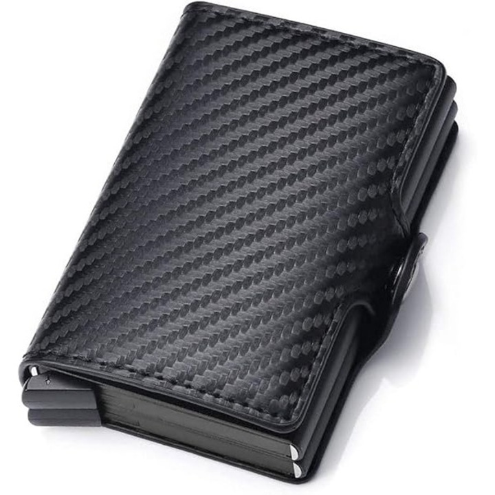 Portofel barbati din piele carbon, design anti-furt, 10x7x2.5cm, negru, set cu suport pentru carduri