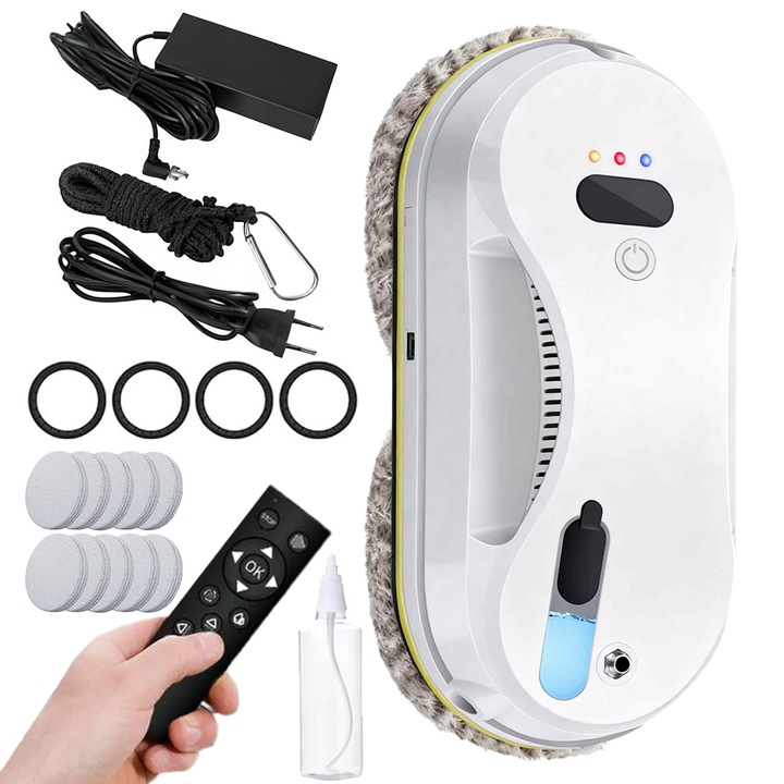 Juksun Robot curatare geamuri, 5600Pa, UPS 20 minute, 2 capete microfibra, cablu si franghie 4m - Pentru geamuri, pereti, placi, tavane