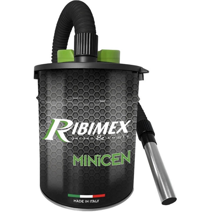 Прахосмукачка за пепел, Ribimex, 10 л, 800 W, HEPA филтър, 230V, 17kPa всмукателна мощност, 1.5 м кабел, 27 л / сек, дръжка за носене, метална тръба, черна и зелена, 26 x 26.5 x 36.5 см, 2.34 кг