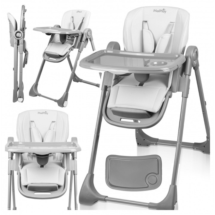 Scaun de masa pentru bebelusi si copii Malplay Grey, pliabil, reglabil in 6 trepte, pana la 20 kg, design scandinav
