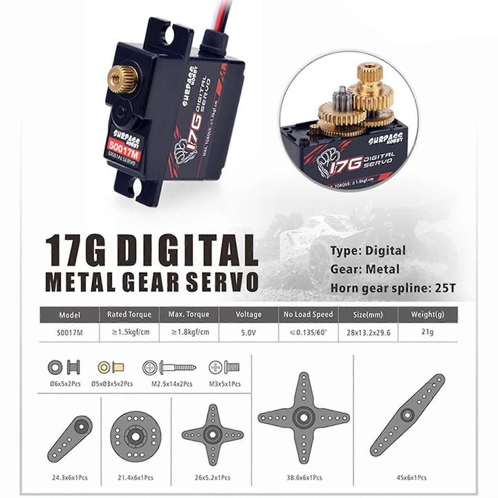 Digitális fém szervó 17G 1.8KG RC repülőgépekhez, teherautókhoz, autókhoz, hajókhoz, 5 darabos készlet