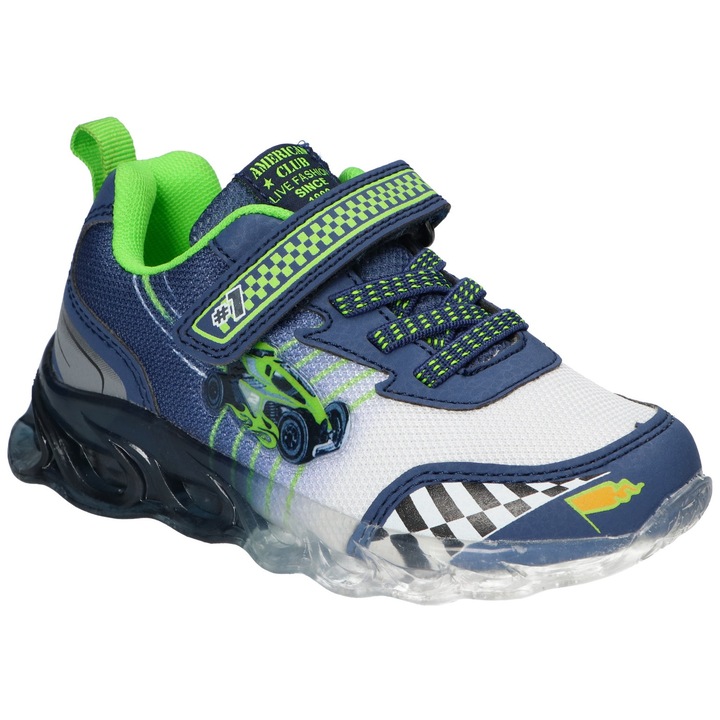 Pantofi sport copii American Club ES214, cu talpa LED luminoasa, inchidere cu velcro, brant din piele, usori, Verde lime/Bleumarin