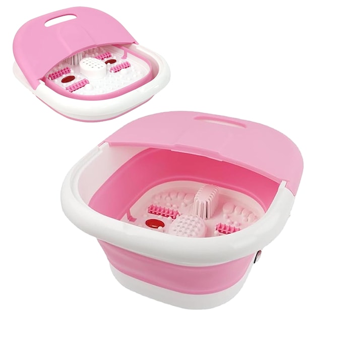 Aparat hidromasaj pentru picioare NEXTLY, cada cu role de masaj si infrarosu, functie cu bule/valuri, incalzire automata, pliabil, conectare la priza, capacitate 8l, 41x37x25cm, roz-alb