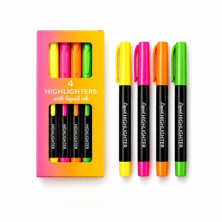 Set Evidentiatoare Fluorescente, 4 Bucati, Culoare Multicolor, Cerneala Lichida, 4 mm