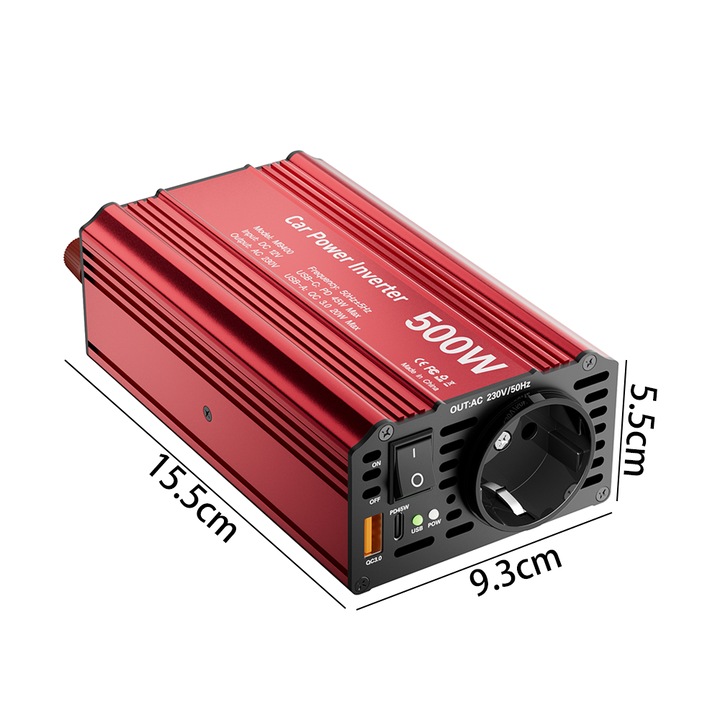 Autó inverter 500W, EU csatlakozó, USB QC3.0 20W port, Type-C PD 45W port, piros