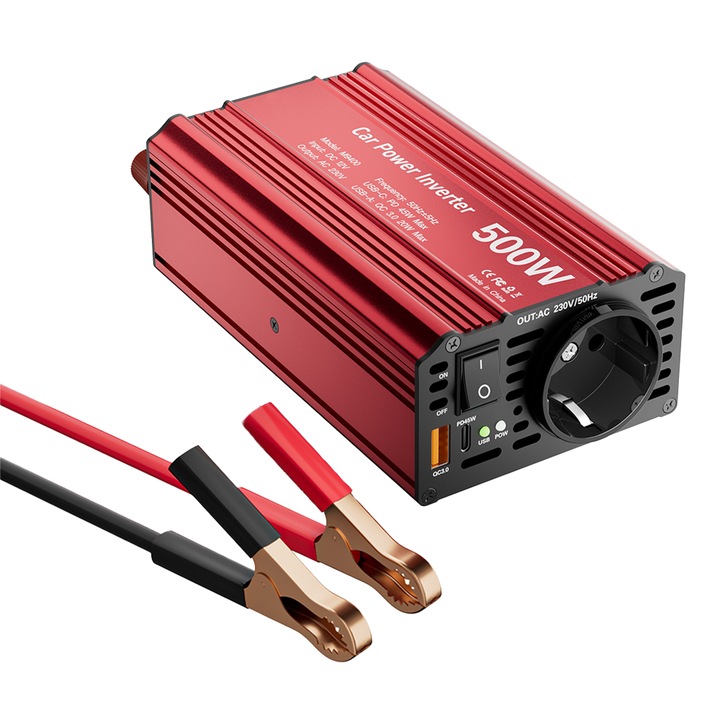 Autó inverter 500W, EU csatlakozó, USB QC3.0 20W port, Type-C PD 45W port, piros